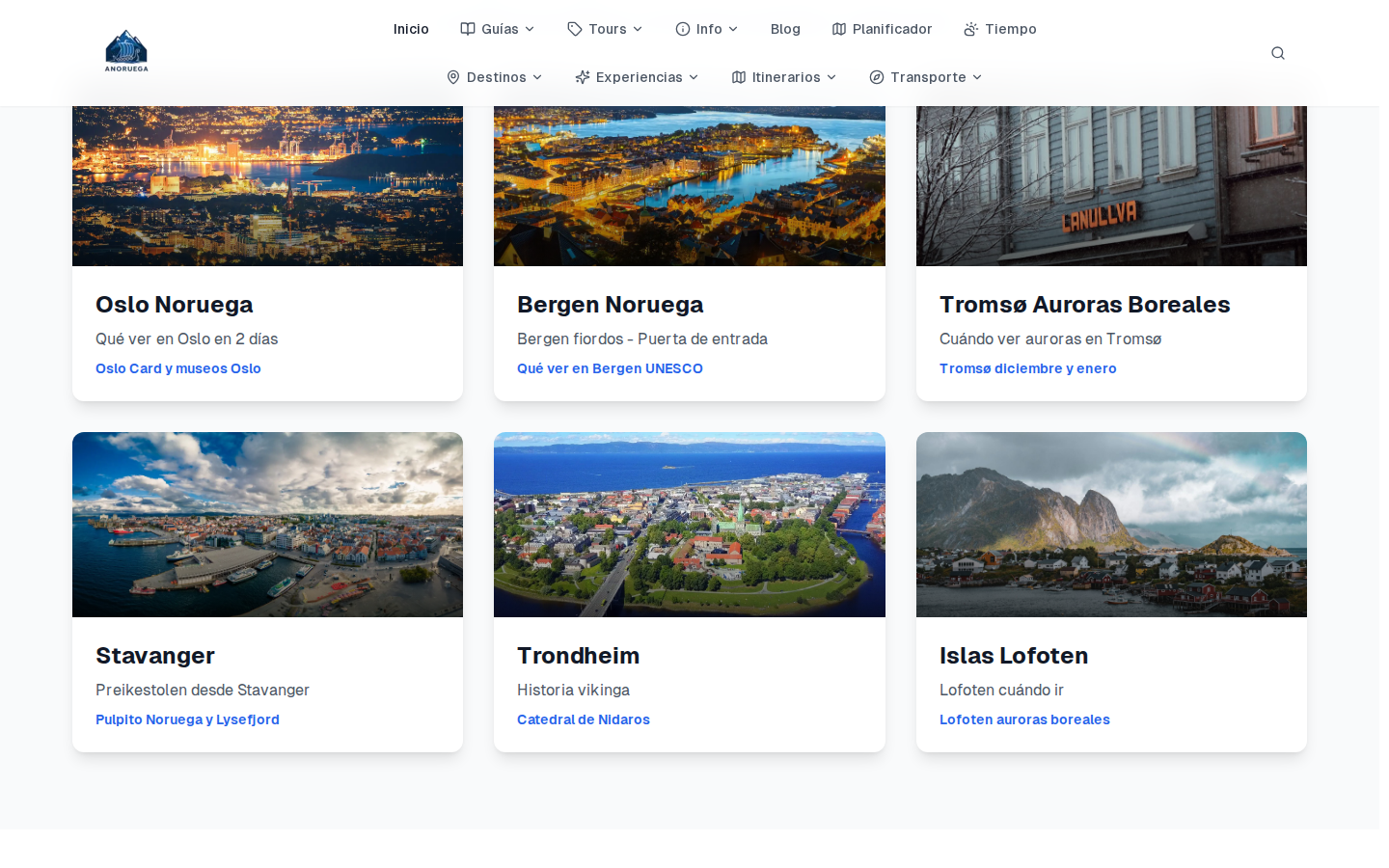 Sección de destinos de anoruega.es con fotos de Oslo, Bergen y Tromsø
