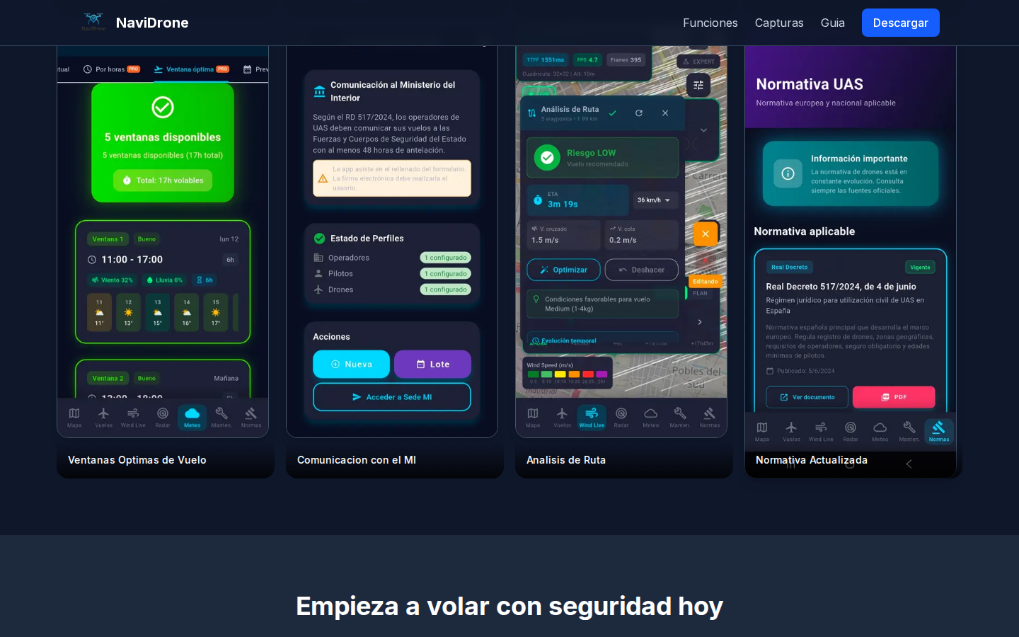 Capturas de pantalla de la app NaviDrone mostrando zonas de vuelo de drones