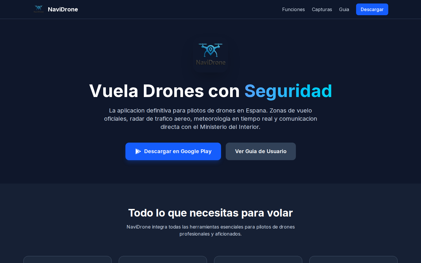 Página principal de navidrone.es con diseño oscuro profesional
