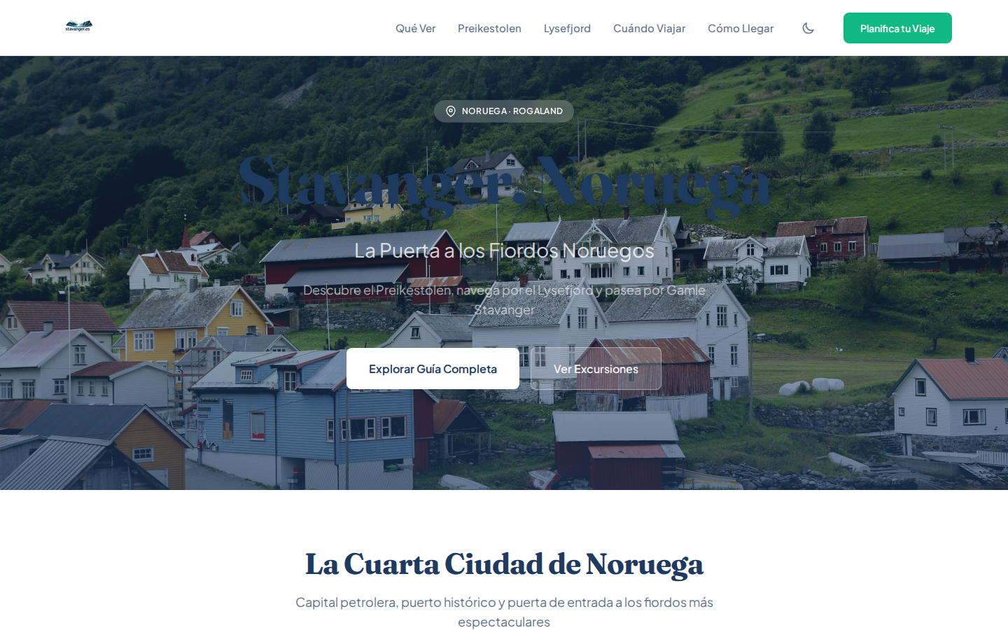 Página principal de stavanger.es con vista de la ciudad y fiordos noruegos